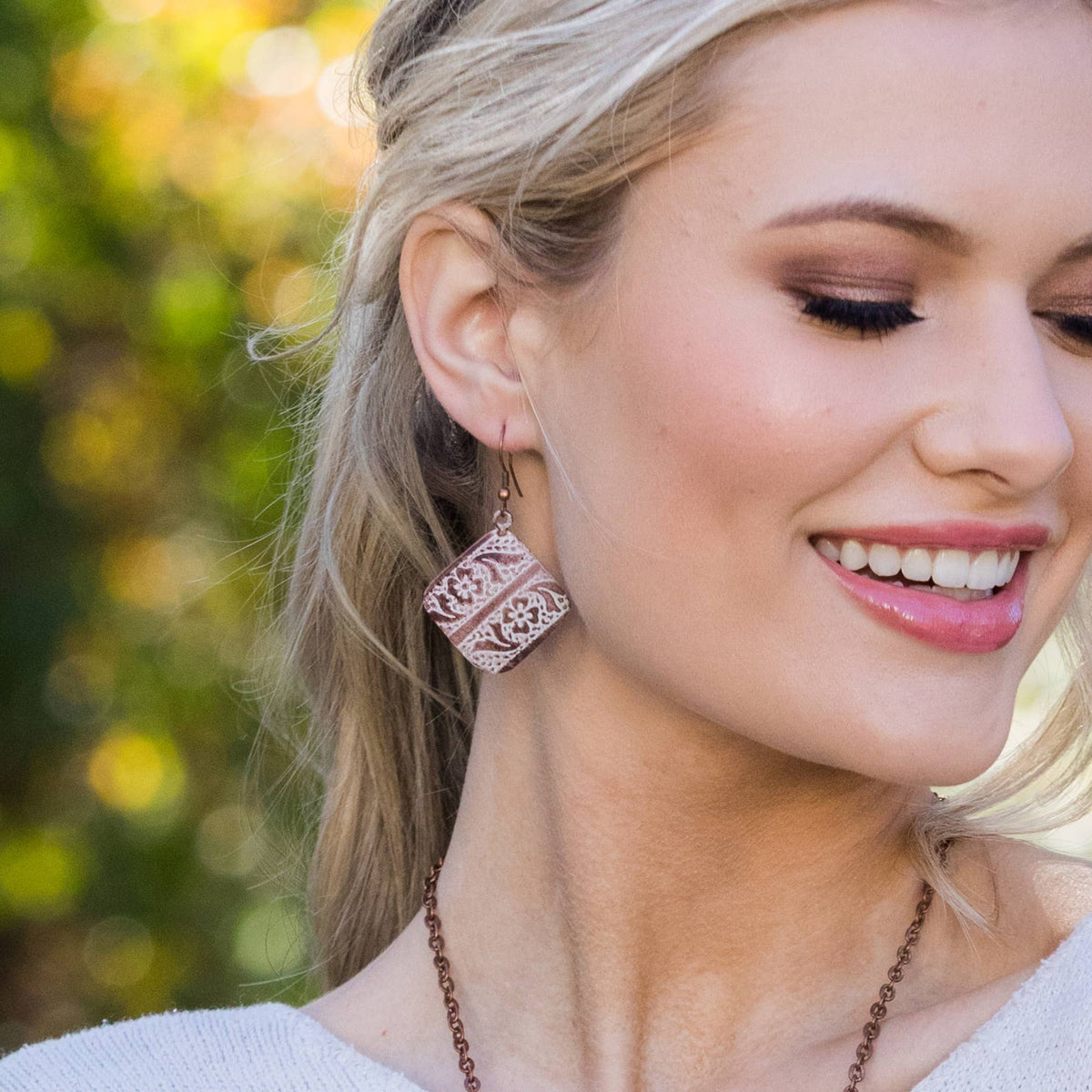 Copper Patina Earrings - Cream Floral and Leaves