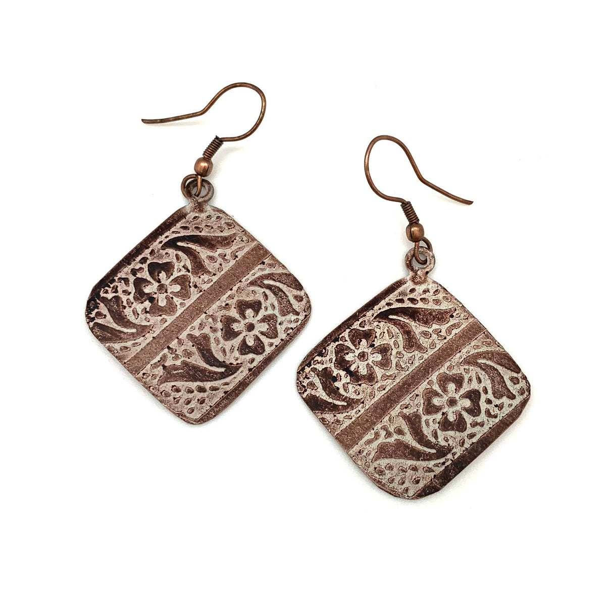 Copper Patina Earrings - Cream Floral and Leaves